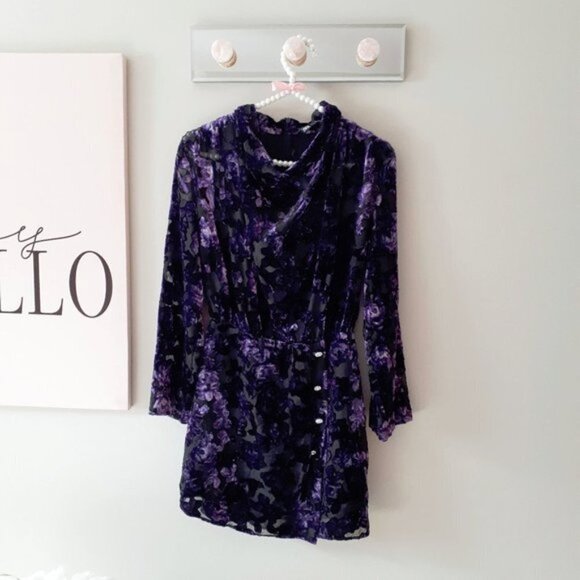 NWOT Zara purple & black velvet-like trim floral peek-a-boo sheer mini dress, S - Picture 12 of 14